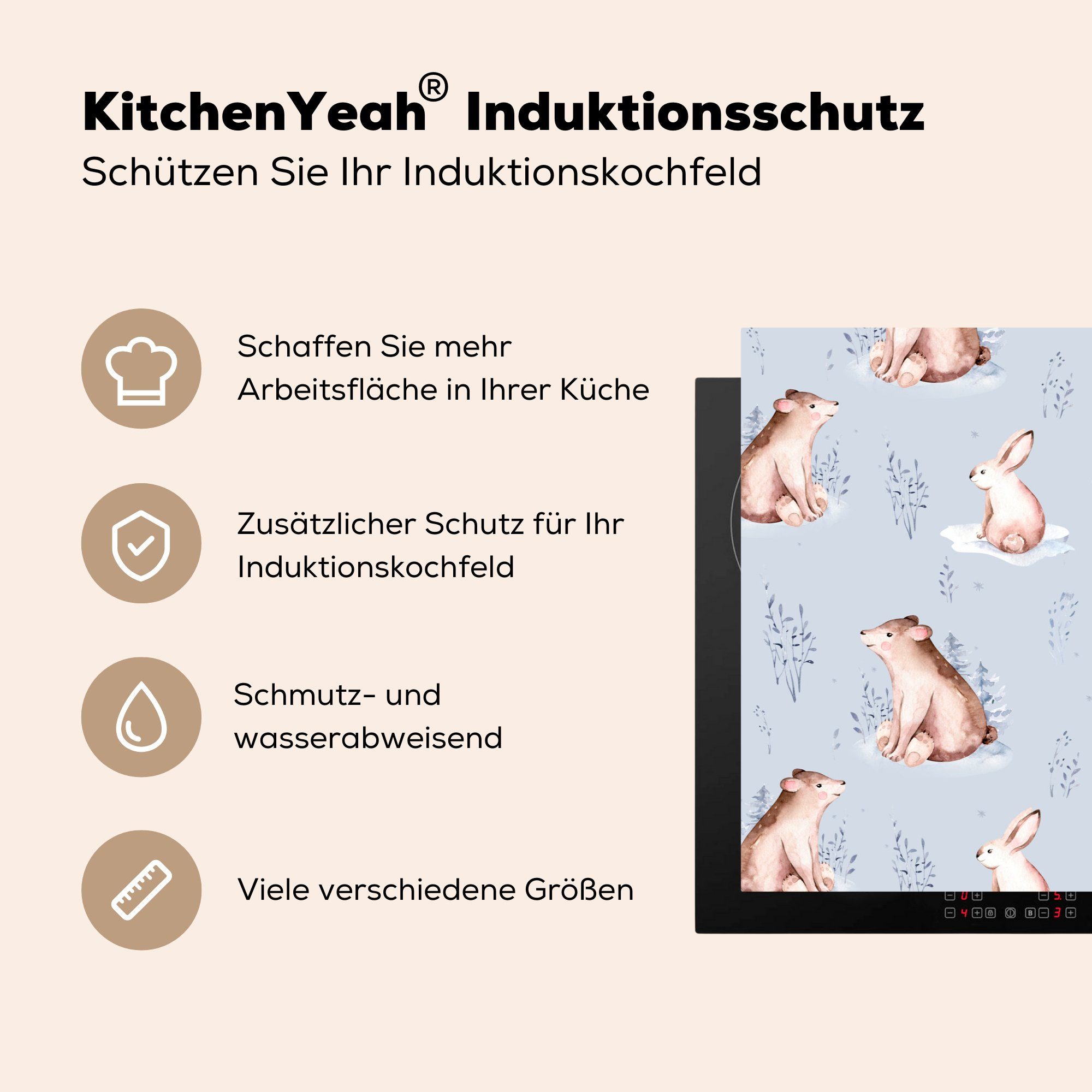 Bär, Muster - tlg), Induktionskochfeld - Winter küche, die - Vinyl, 81x52 Hase Herdblende-/Abdeckplatte cm, (1 für MuchoWow Schutz Ceranfeldabdeckung