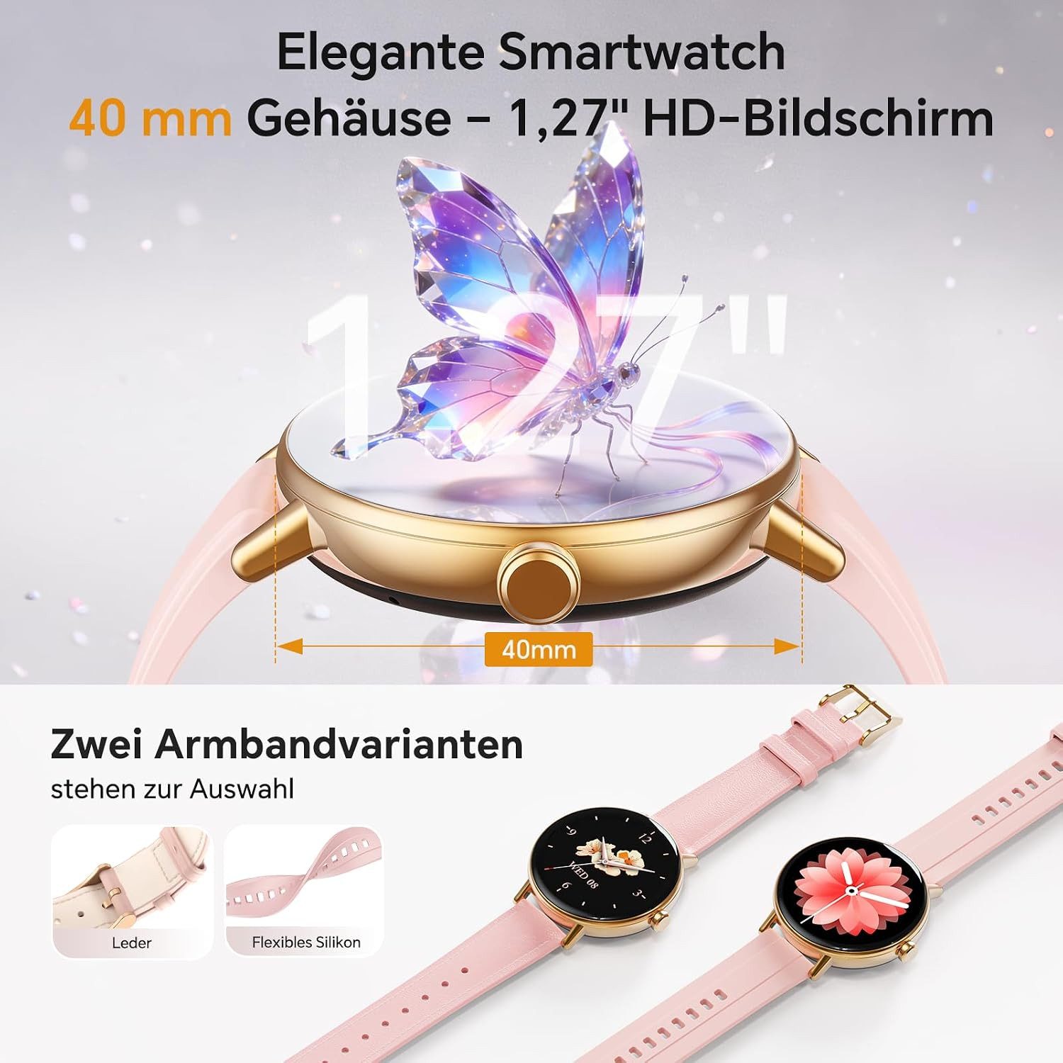 Zevelora Damen Smartwatch mit Bluetooth-Telefonie und Gesundheitsfunktionen Smartwatch (1.27 Zoll, Andriod iOS), Fitnessuhr für Damen mit Anruffunktion und über 100 Sportmodi