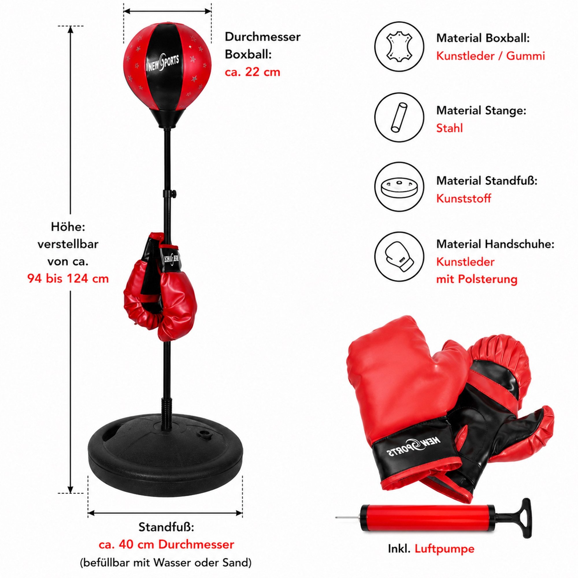 Mucola Standboxball Standboxsack für Kinder – höhenverstellbar, Standfuß & Boxhandschuhen (Trainingsset, 1-tlg., 4-teiliges Set), Höhenverstellbar, federnder Boxball, Standfuß, Boxhandschuhe