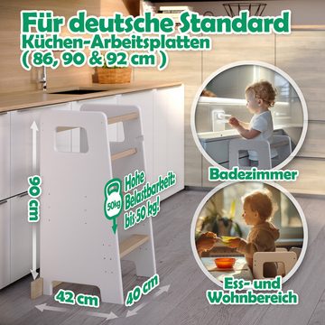 CADANI Stehhilfe Lernturm Jasper Küchenhelfer für Kinder Weiß (mit Anti Kipp Schutz), ab 1. Jahr Massivholz bis 50 kg belastbar Höhenverstellbar Made in EU