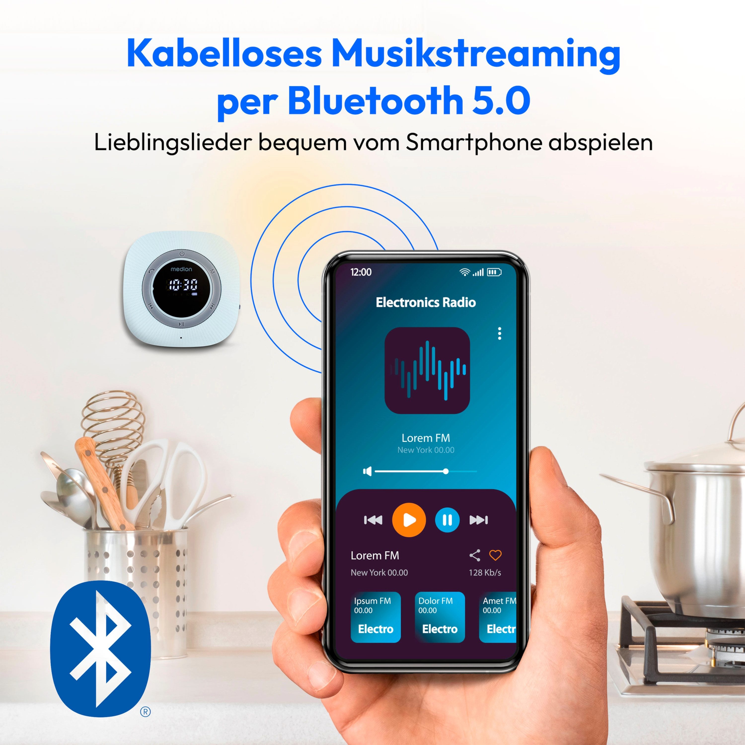 Medion® S66884 (MD 43884) Duschradio mit Bluetooth Radio (MW/UKW, 3 W, Saugnapf, LED-Display, IPX6 Wasserdicht, integrierter Akku, blau) – Bild 5 von 5