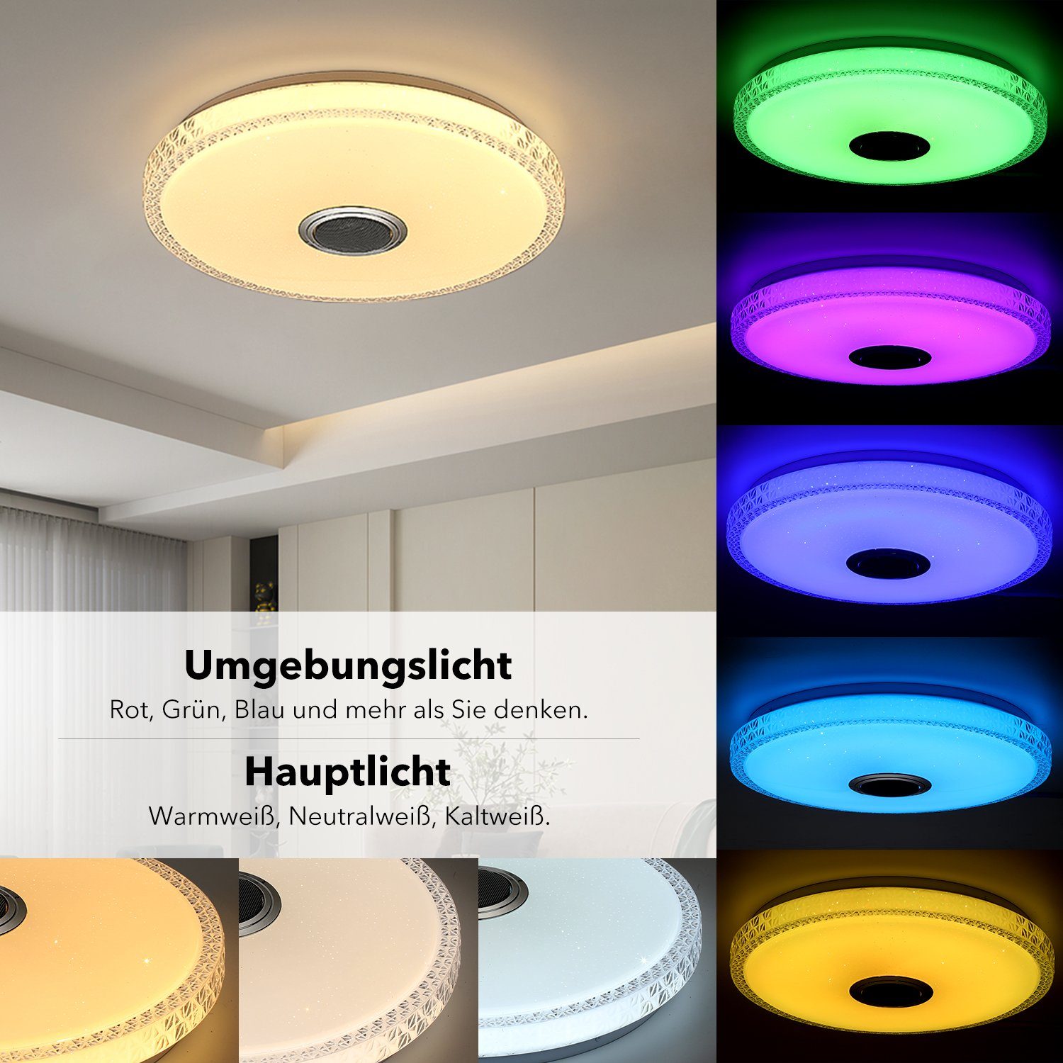 oyajia LED Deckenleuchte 40W Kristall LED Deckenlampe mit Bluetooth Lautsprecher, RGB Dimmbare, LED fest integriert, Kaltweiß/Naturweiß/Warmweiß/RGB Farbwechsel – Bild 5 von 5