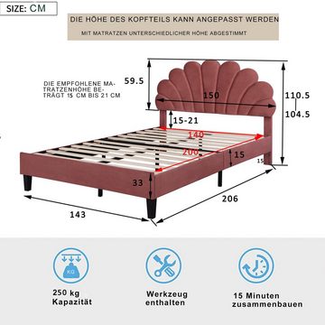 Merax Polsterbett 140x200cm mit Blumenform-Kopfteil und Lattenrost, Doppelbett mit höhenverstellbarem Kopfteil und Samtbezug, Jugendbett