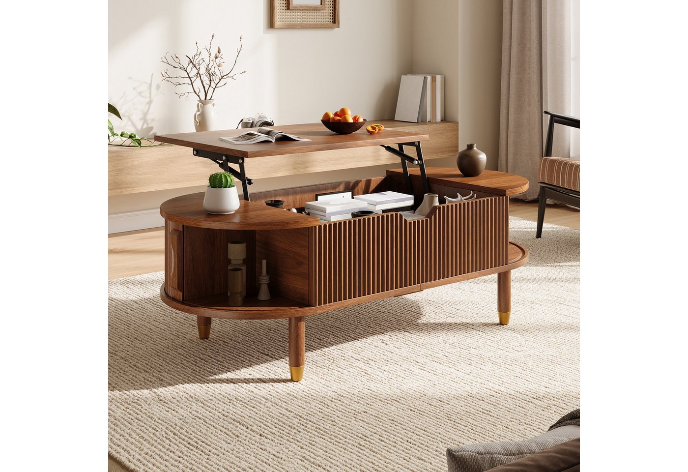 Merax Couchtisch Ovaler Sofatisch mit hydraulischer Hubplatte & Gummibaumholzfüßen (110 L x 48 B x 57 H cm, 1-St), Wohnzimmertisch mit verstecktem Stauraum & 2 geriffelten Schiebetüren