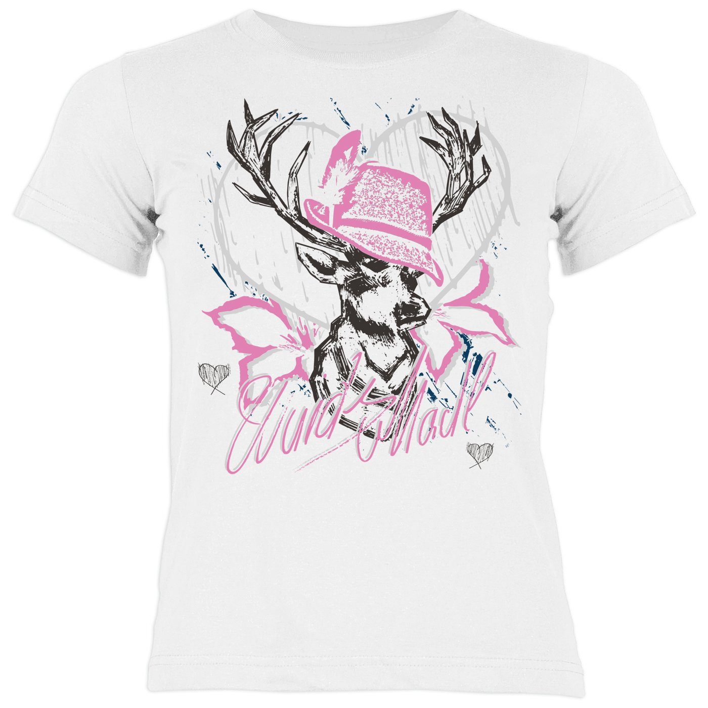 Tini - Shirts T-Shirt Mädchen Trachten Kindershirt Volksfest Trachten T-Shirt für Mädchen : Wuids Madl (Hut rosa)