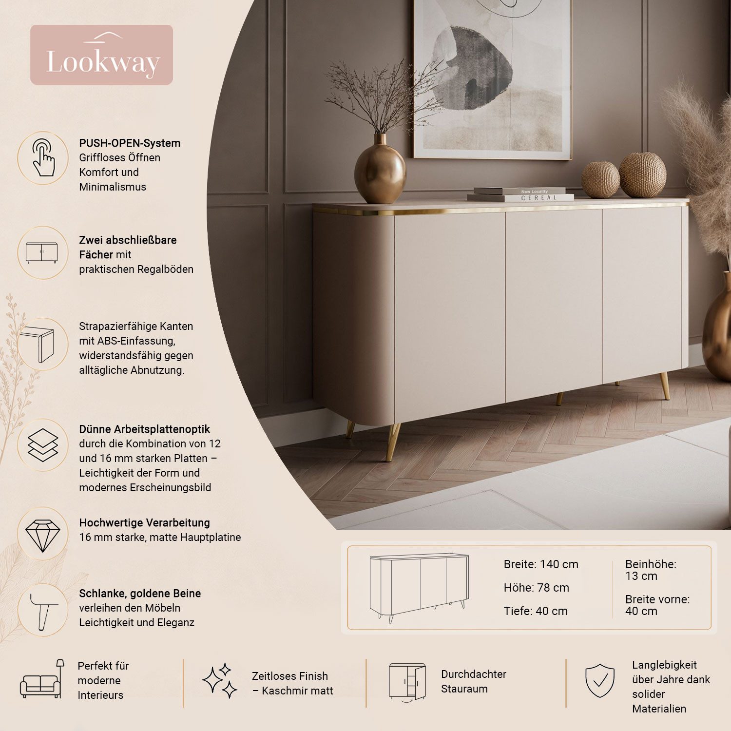 Lookway Kommode AVELINE 140 cm mit LED-Beleuchtung auf schrägen Beinen