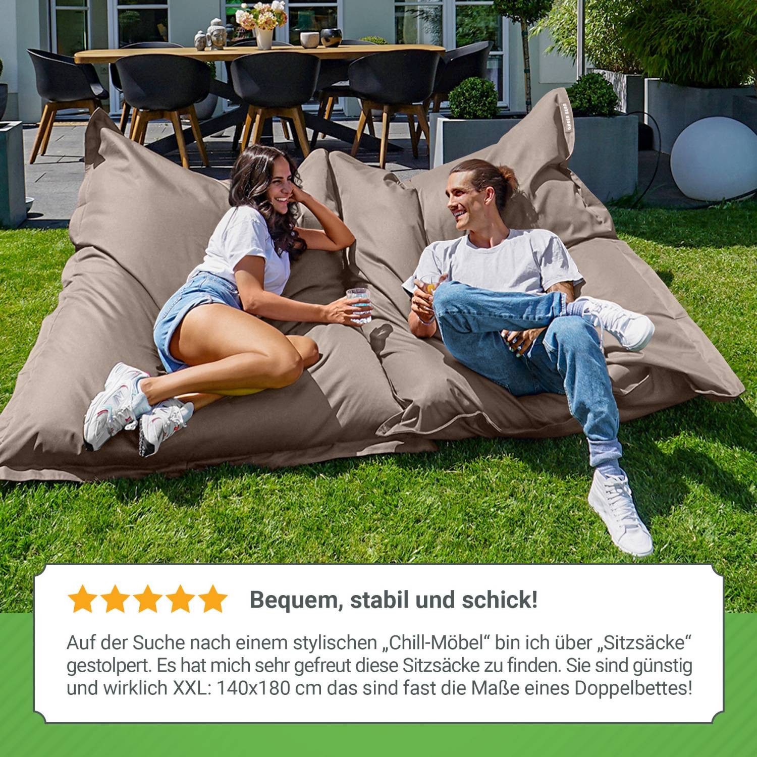 Green Bean Sitzsack XXL Outdoor Sitzsack Square 140x180cm (XXL Riesensitzsack 140x180cm 380 Liter Kinder & Erwachsene Bean Bag EPS Perlen Füllung, Groß Draußen  – Bild 4 von 5