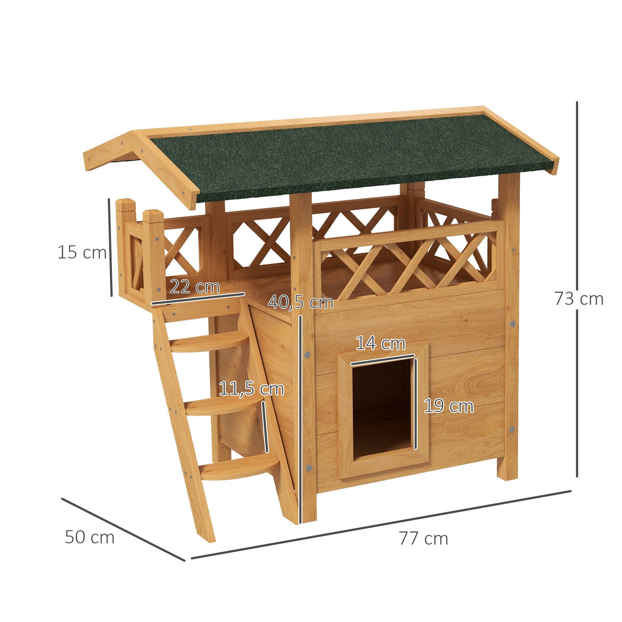 PawHut Tierhöhle Kleintierhaus mit Asphaltdach, 2-stöckig, Katzenvilla mit Balkon, für Garten, Balkon, Natur