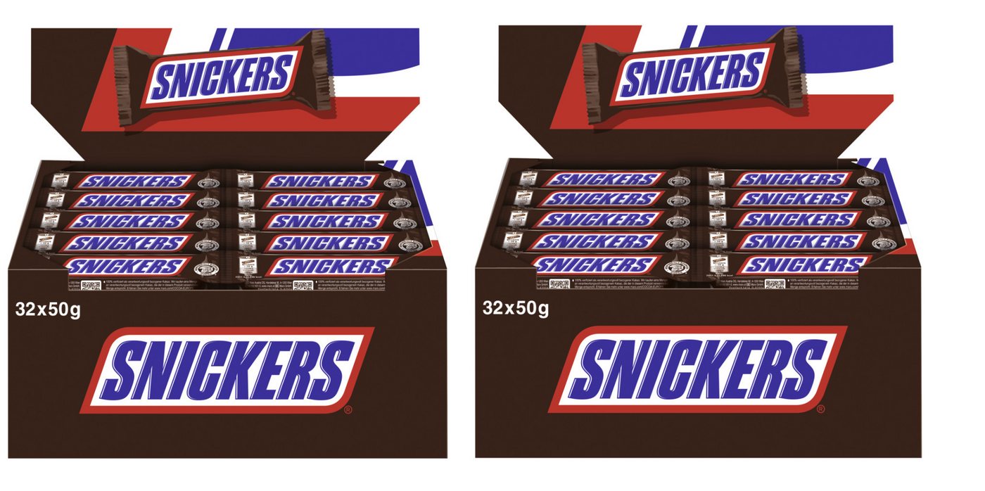 Mars GmbH Süßigkeit SNICKERS Riegel 2x32x50g, Milchschokolade mit Candy-Creme & Erdnüssen