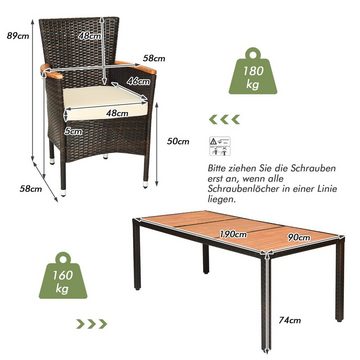 COSTWAY Garten-Essgruppe, 9-tlg, Rattan, Akazienholz, für 8 Personen, mit Kissen