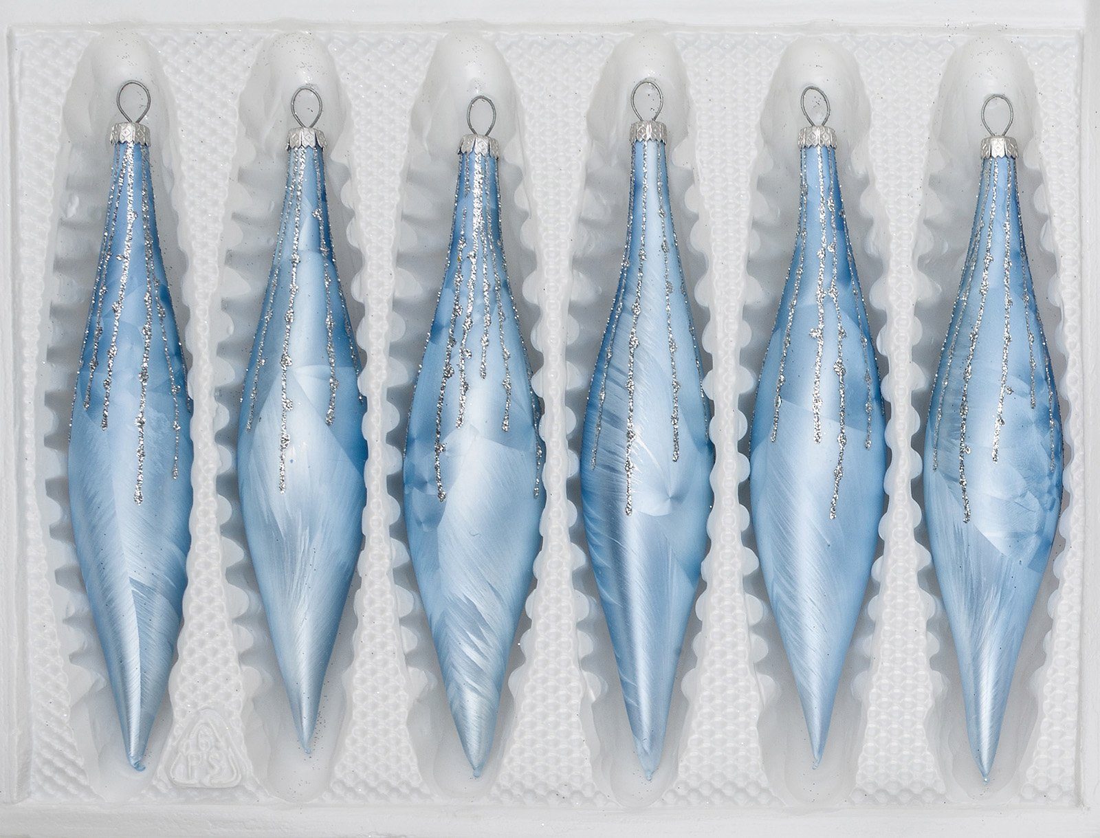Navidacio Christbaumschmuck 6 tlg. Glas-Zapfen Set in Ice Blau Silber Regen