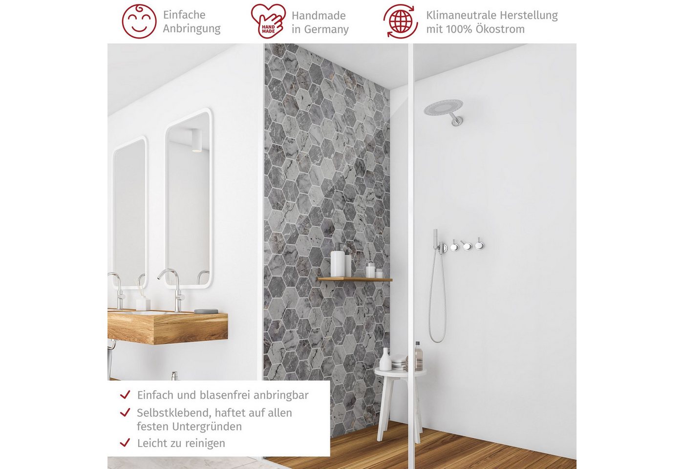 Thumbnail - Bilderdepot24 Badrückwand Fliesenoptik grau Duschrückwand ohne Bohren Dusche, (1-tlg., Hart-Folie Smart matt 0,35 mm), f...