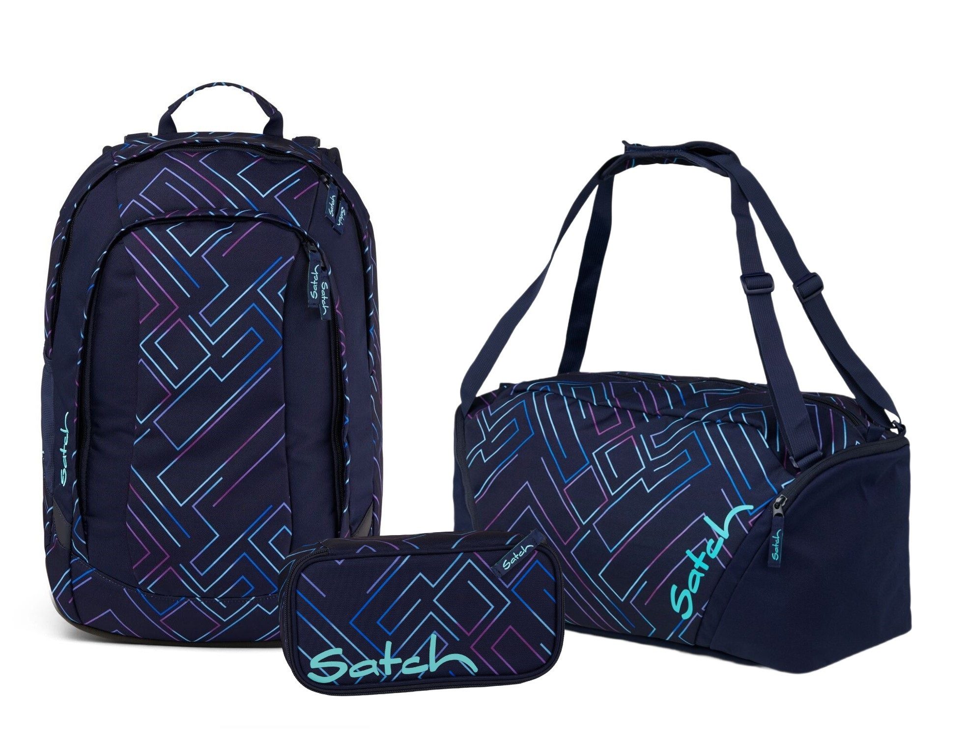 Satch Schulranzen Schulrucksack-Set AIR Purple Laser 3-teilig, Kollektion 23/24 (3-teilig), Laptop-Fach, Your-Size-System, Schulranzen