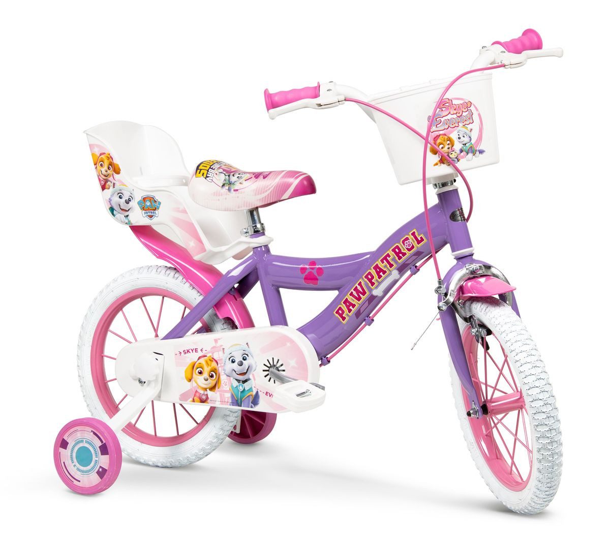 Toimsa Bikes Kinderfahrrad 14 Zoll Kinder Mädchen Fahrrad Mädchenfahrrad Rad Bike Paw Patrol Lila, 1 Gang, Puppensitz, Korb, Stützräder