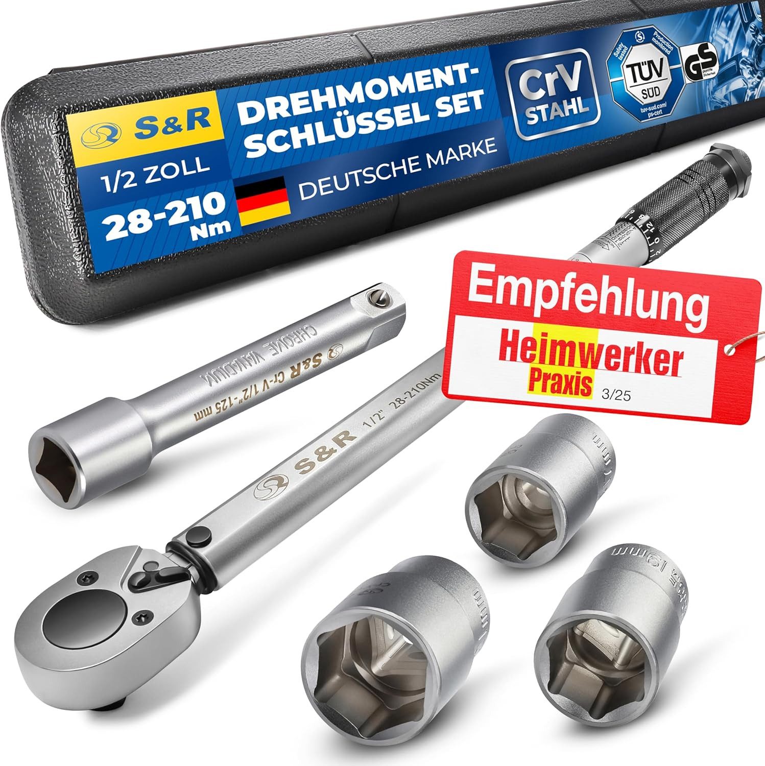 Drehmomentschlüssel Set 475mm, 1/2", 28-210 Nm, aus Chrom-Vanadium; Umschaltbare Ratsche