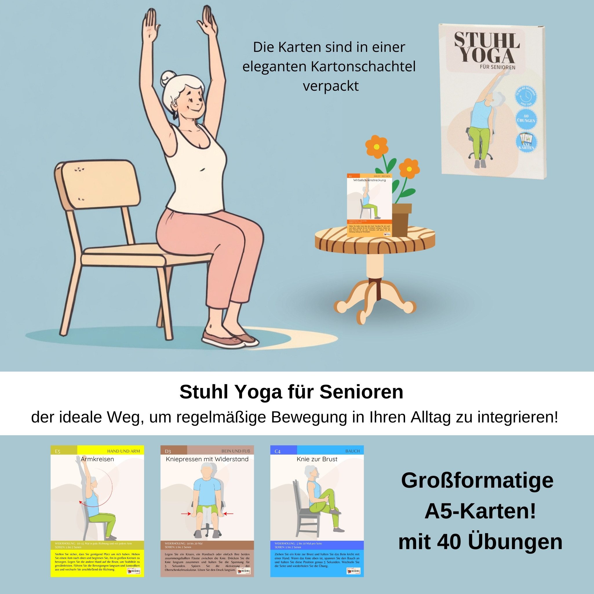 Seniori Trainingshilfe Stuhl Yoga Karten für Senioren XXL Format A5! Übungskarten, Perfekt für das tägliche Training mit Wochenplan
