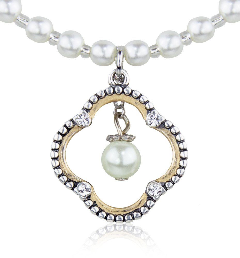 LUISIA® Perlenkette Talisa mit Rautenanhänger und Kristallen von Swarovski®  - Collier Damen Halskette Strass Perlen (inkl. Schmuckbox)