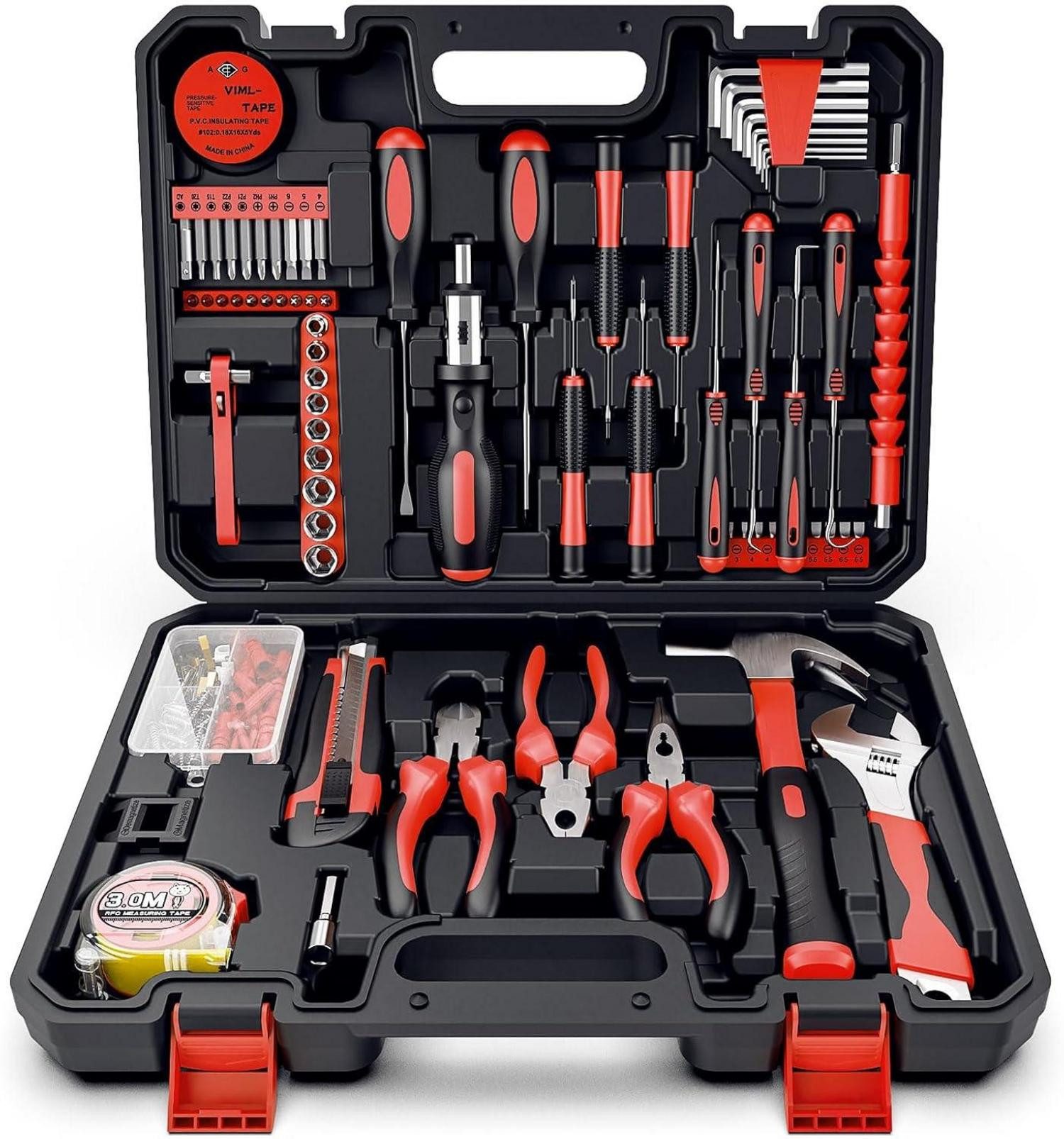 Multitool Werkzeugkoffer Gefüllt 205tlg Haushalt DIY Reparatur Rot Klein