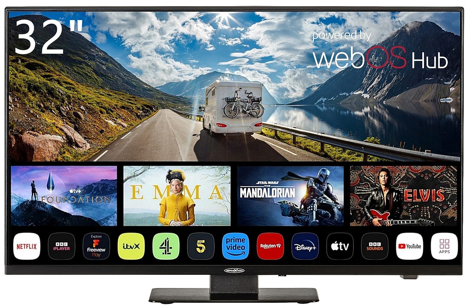 Reflexion LDDX32IBT BLACK LED-Fernseher (80 cm/32 Zoll, Full HD, Smart-TV, powered by webOS (LG), DC IN 12 Volt / 24 Volt, Netzteil 230 Volt, integrierter DVD-Player)