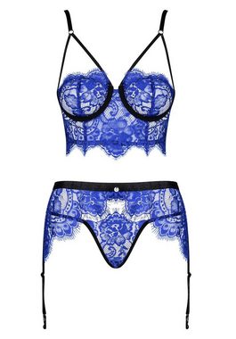 Obsessive Set: Bügelloser BH Cobaltess 3 tlg. Dessous-Set mit Spitze - blau