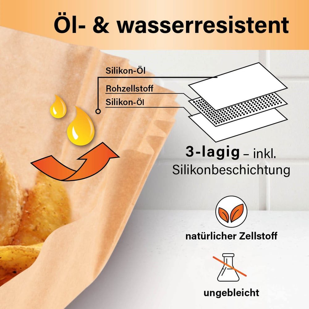 GOURMETmaxx Backpapier Backpapierschalen für Heißluftfritteusen (5–8 l) - 50 Stück, Airfryer Backpapier – flexible Form, 23 x 23 x 4,5 cm
