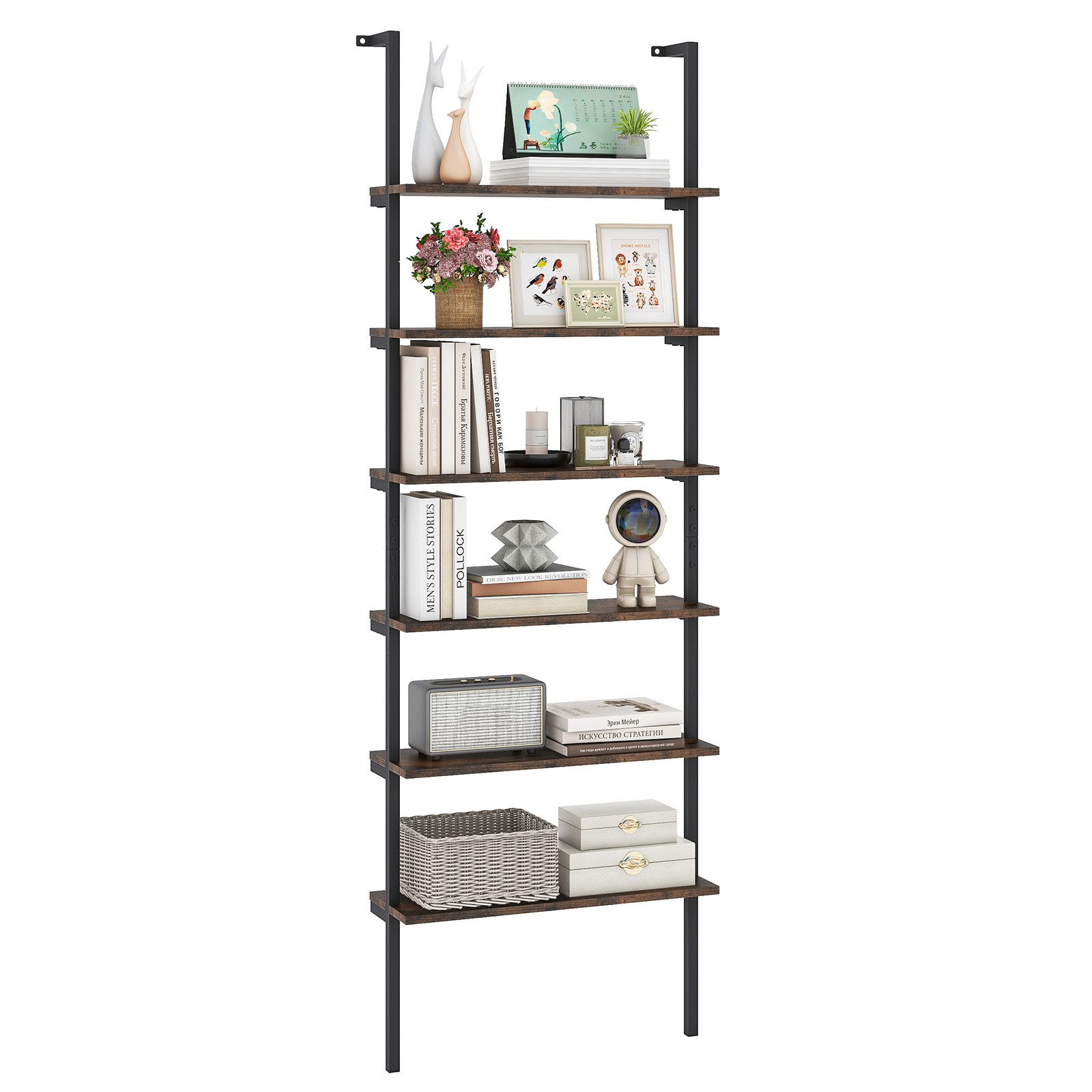 COSTWAY Bücherregal, 6-stöckiges Leiterregal mit Metallrahmen, 20x60x183