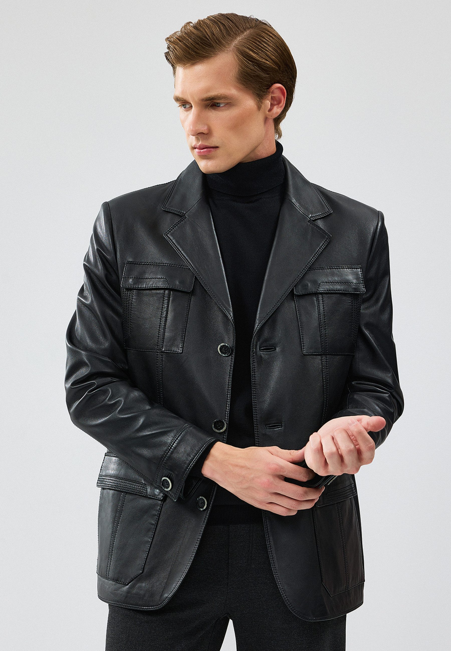 Derimod Lederjacke Kevin Blazer-Lederjacke Regular Fit, Knopfverschluss, Reverskragen, Kurz, Textilfutter