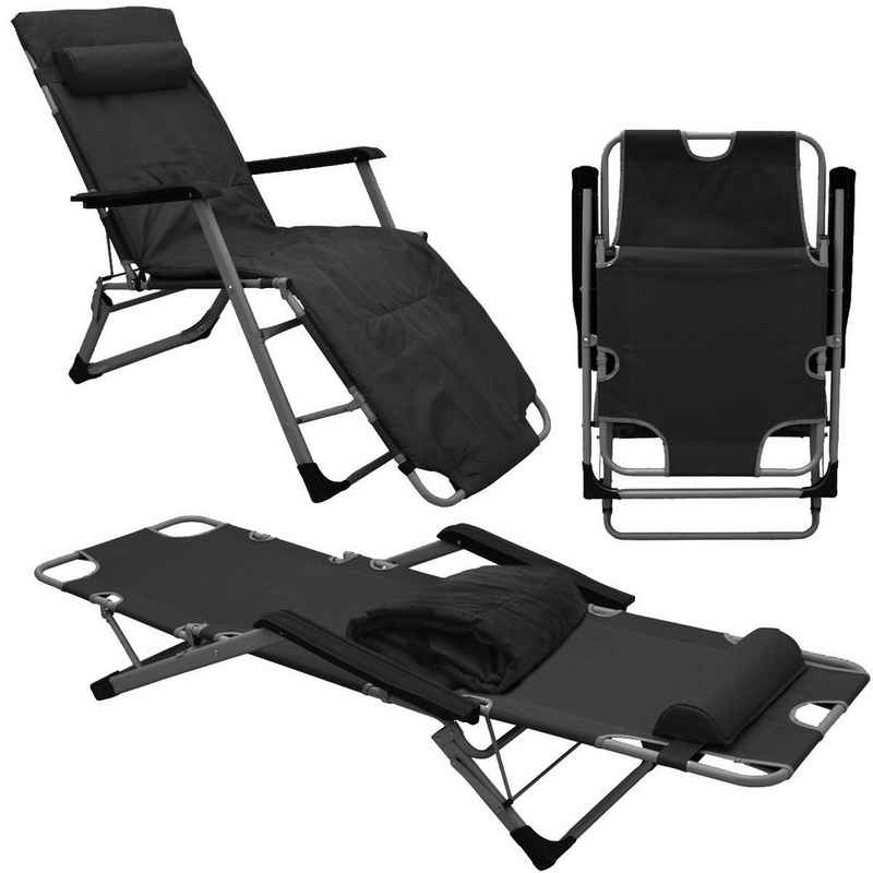 AMANKA Campingstuhl Liegestuhl mit Auflage und Kopfkissen Sonnenliege, 178 cm Campingliege Schwarz