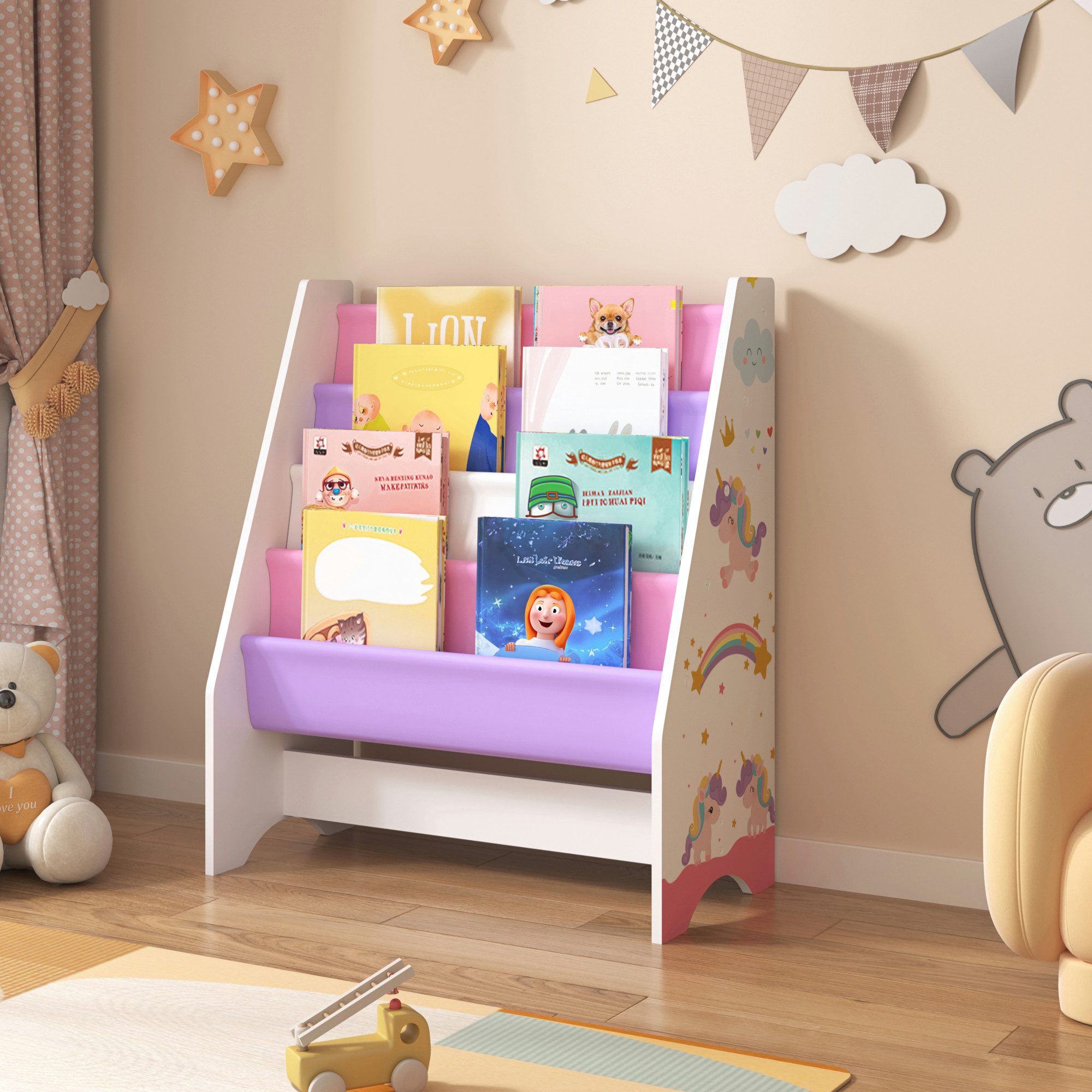 en.casa Kinderregal, »Fisterra« Kinder-Bücherregal 4 Ablagefächer Weiß/Lila günstig online kaufen