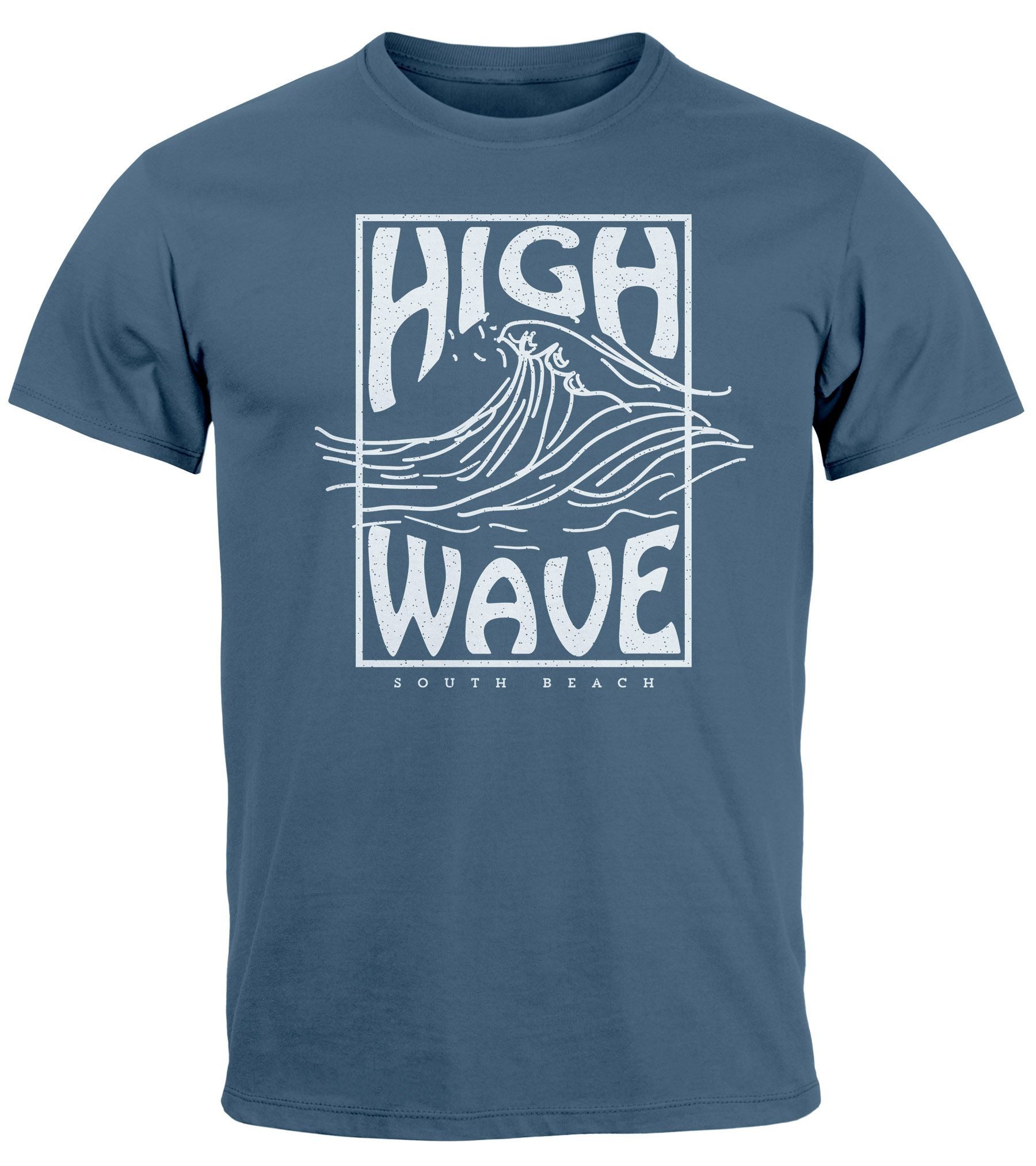 Print-Shirt Herren T-Shirt High Wave Welle Schrift Line Art Logo Surfing Aufdruck