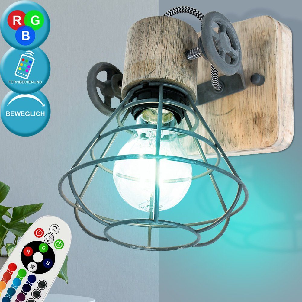 inklusive, Lampe Spot Holz Zimmer Wand Design Lampe Retro LED Arbeits Wandleuchte, Leuchtmittel Käfig Farbwechsel, Warmweiß, etc-shop
