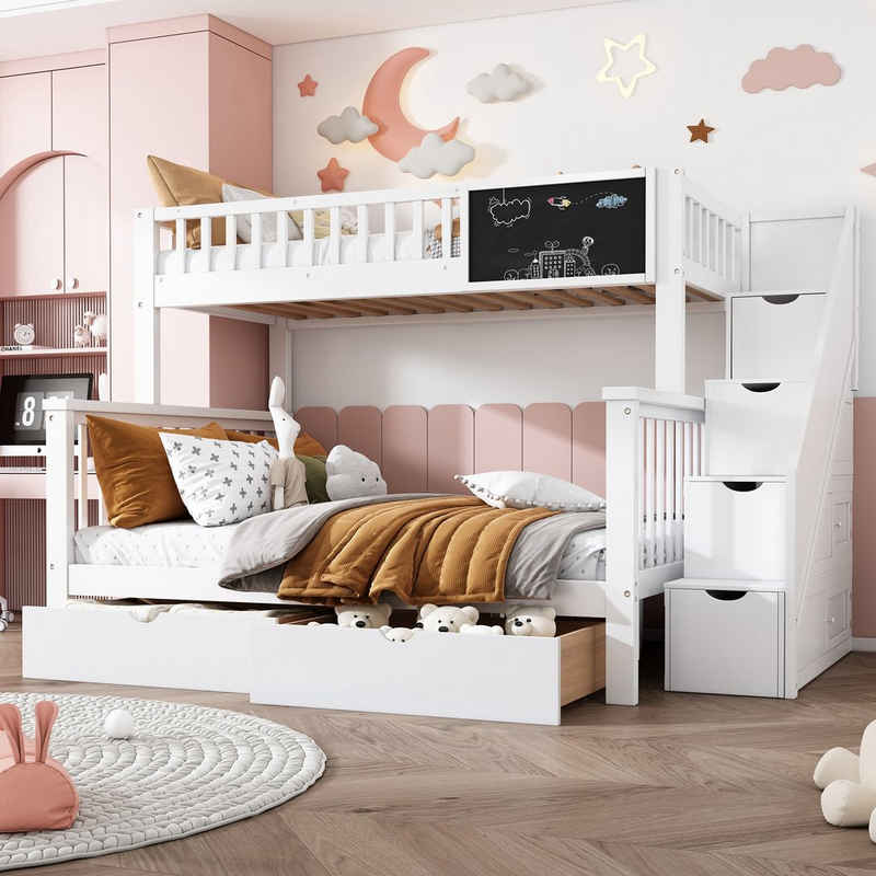 Flieks Etagenbett, Kinderbett mit Tafel Treppe Schubladen 90x200cm+140x200cm