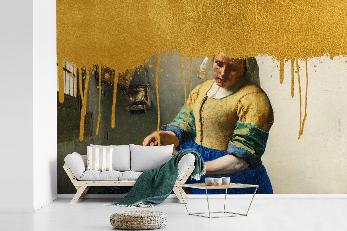 MuchoWow Fototapete Milchmädchen für - Vermeer, Schlafzimmer, Tapete - Wohnzimmer, bedruckt, Kinderzimmer, Matt, St), Gold Wallpaper (6 Vinyl
