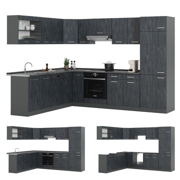Livinity® Winkelküche R-Line, Schwarz Beton/Anthrazit, 227 x 287 cm ohne Arbeitsplatte