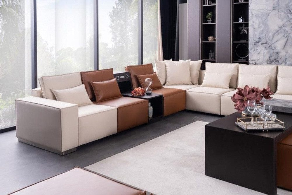 Xlmoebel Ecksofa Ecksofa mit Soundsystem, Couchtisch und Sessel in Stoff und Leder, Hergestellt in Europa