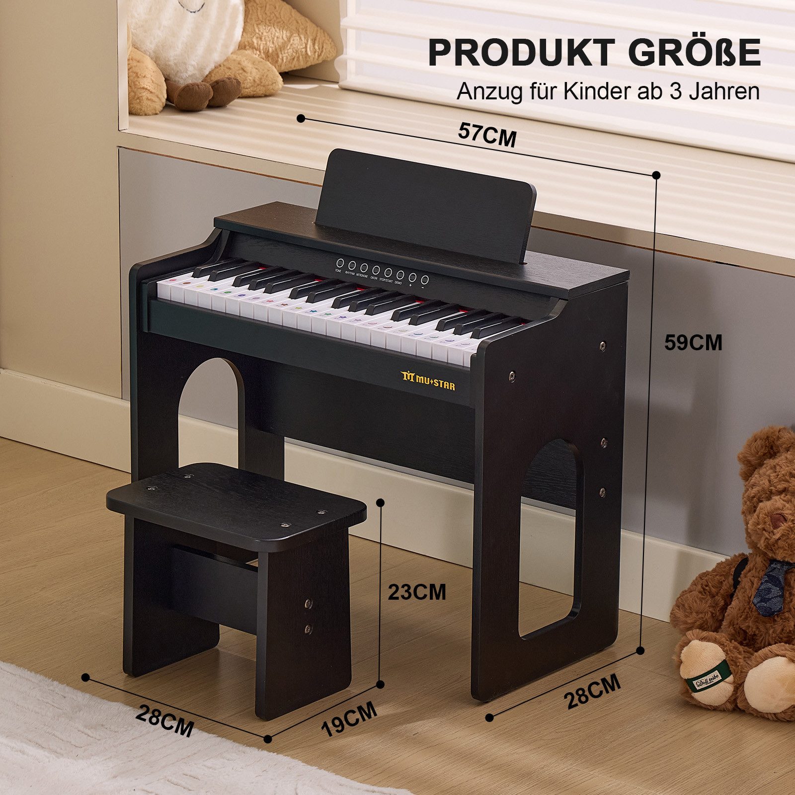 MUSTAR Klavier aus Holz mit Hocker, Notenbuch und Aufklebern, 37 Tasten (2-St., mit Piano Bench), 37 Tasten Kinderklavier, DIY Lernaufkleber & Tastaturaufkleber