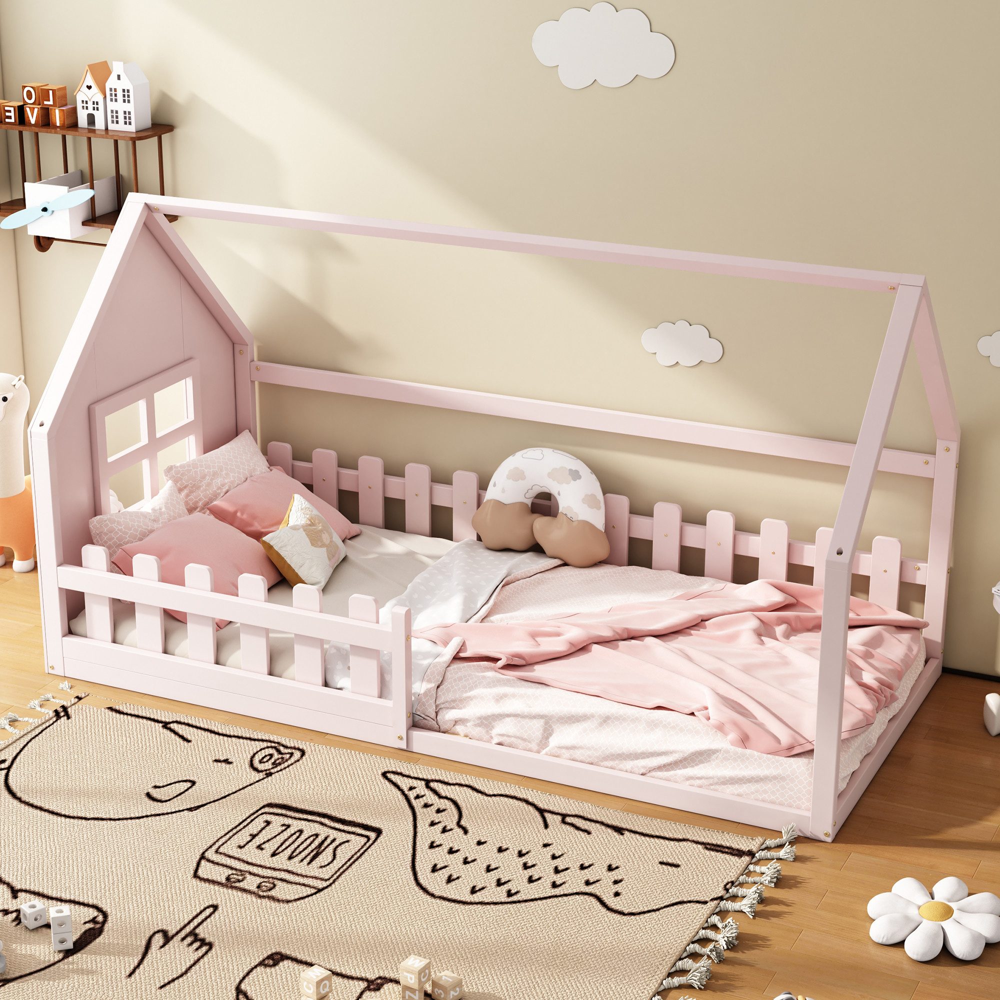 Flieks Massivholzbett, Kinderbett Hausbett Einzelbett 90x200cm mit Lattenrost und Zaun
