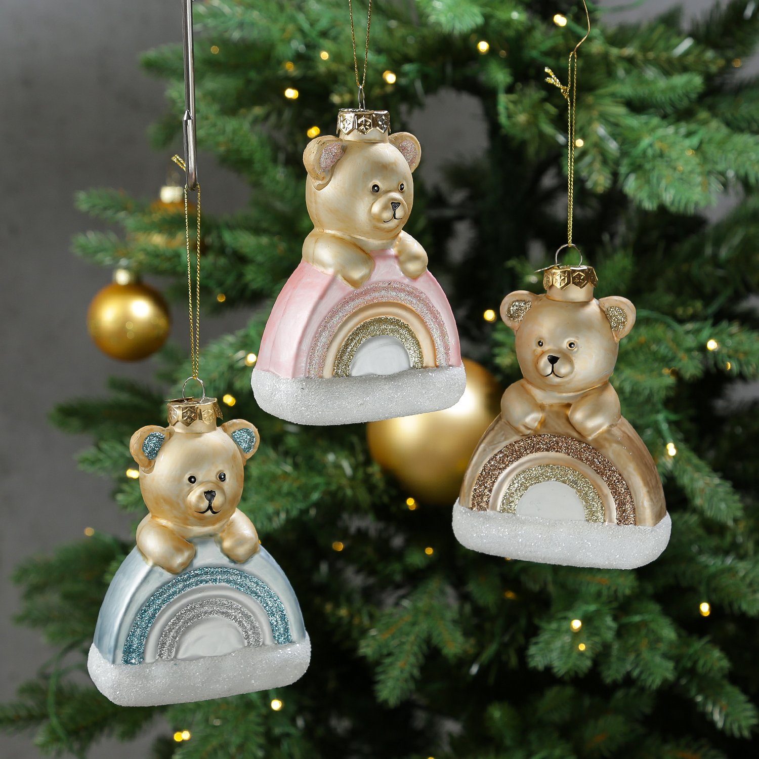 MARELIDA Christbaumschmuck Weihnachtsbaumschmuck Teddybär Glas H: 13,5cm braun mit Regenbogen