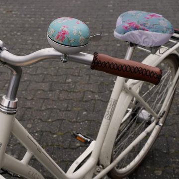 FISCHER Fahrrad Fahrradklingel 80mm Fahrrad-Klingel XXL + Sattel-Decke, Fahrrad-Glocke + Sattel-Bezug Blumenmuster Ding Dong Glocke Maxi Bell