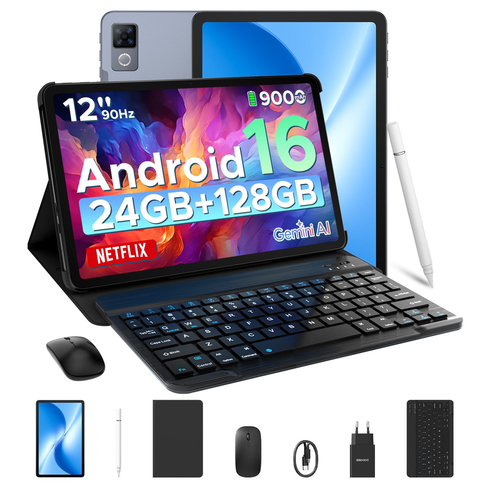 DOOGEE U12 Android 16 12 Zoll Tablet, 9000mAh, 90Hz, 6GB RAM+128GB/2TB Tablet (12", 128 GB, Android 16, Wifi, Gemini AI, 13MP+8MP, 7,8mm dünn, Tastatur+Stift+Maus+Hülle Set)