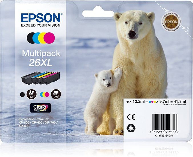 Epson Epson Polar bear Multipack 4 Farben 26XL Claria Premium Ink Tintenpatrone schwarz, cyan, magenta, gelb
