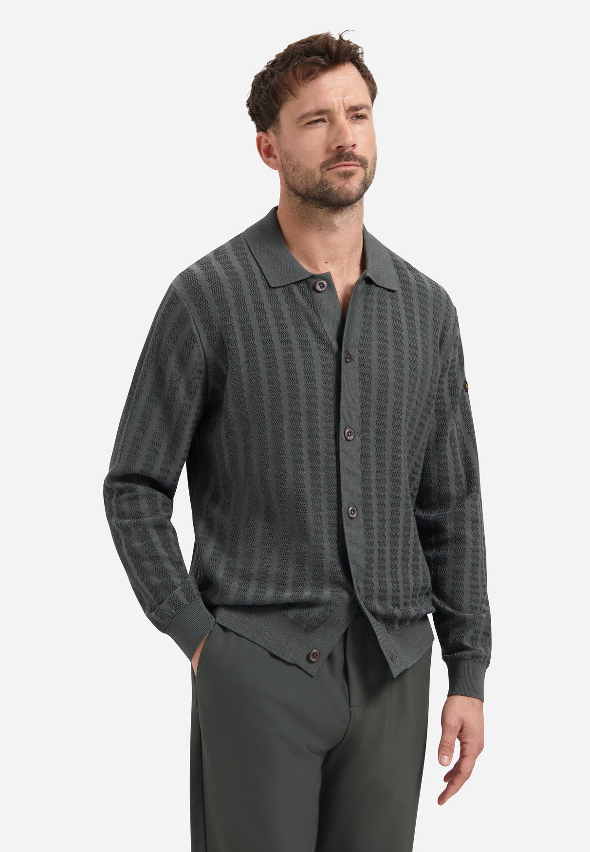 NO EXCESS Strickpullover Cardigan Full Button Polo Jacquard, Dark Steel