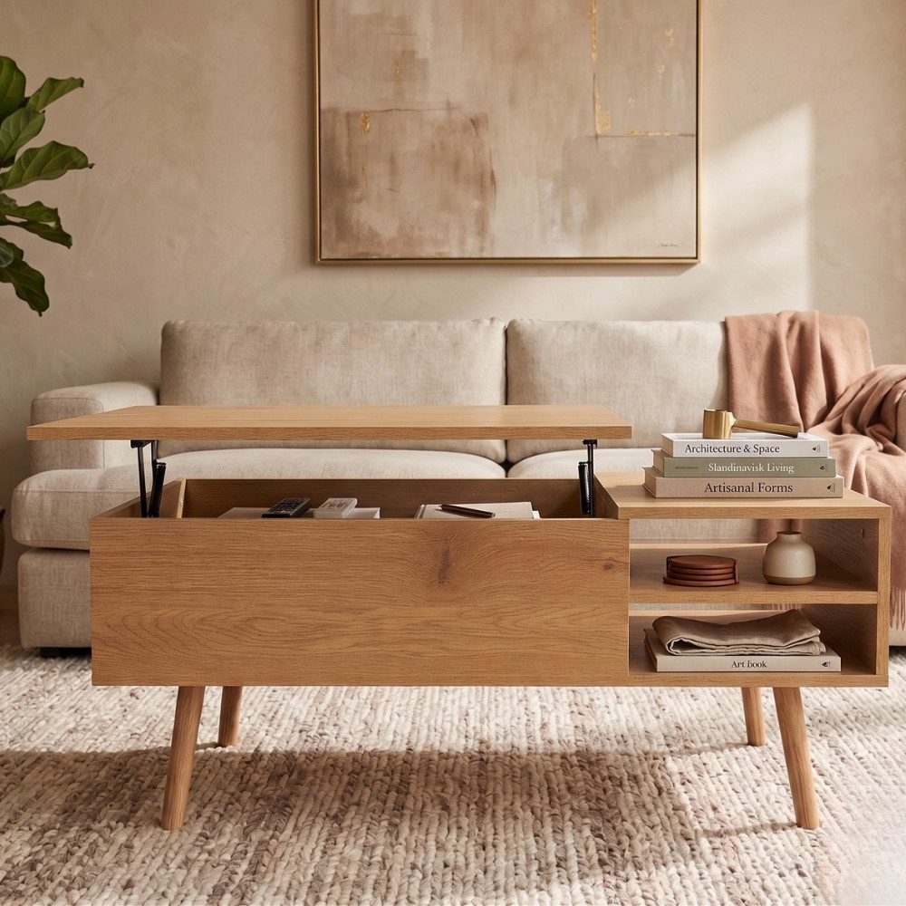 alesvelt Couchtisch MALMÖ mit Lift-Top Funktion & verstecktem Stauraum, 100x50 cm (1-Tisch), 100x50x45 cm, Lift-Up, Versteckes Fach, vielseitig Einsetzbar