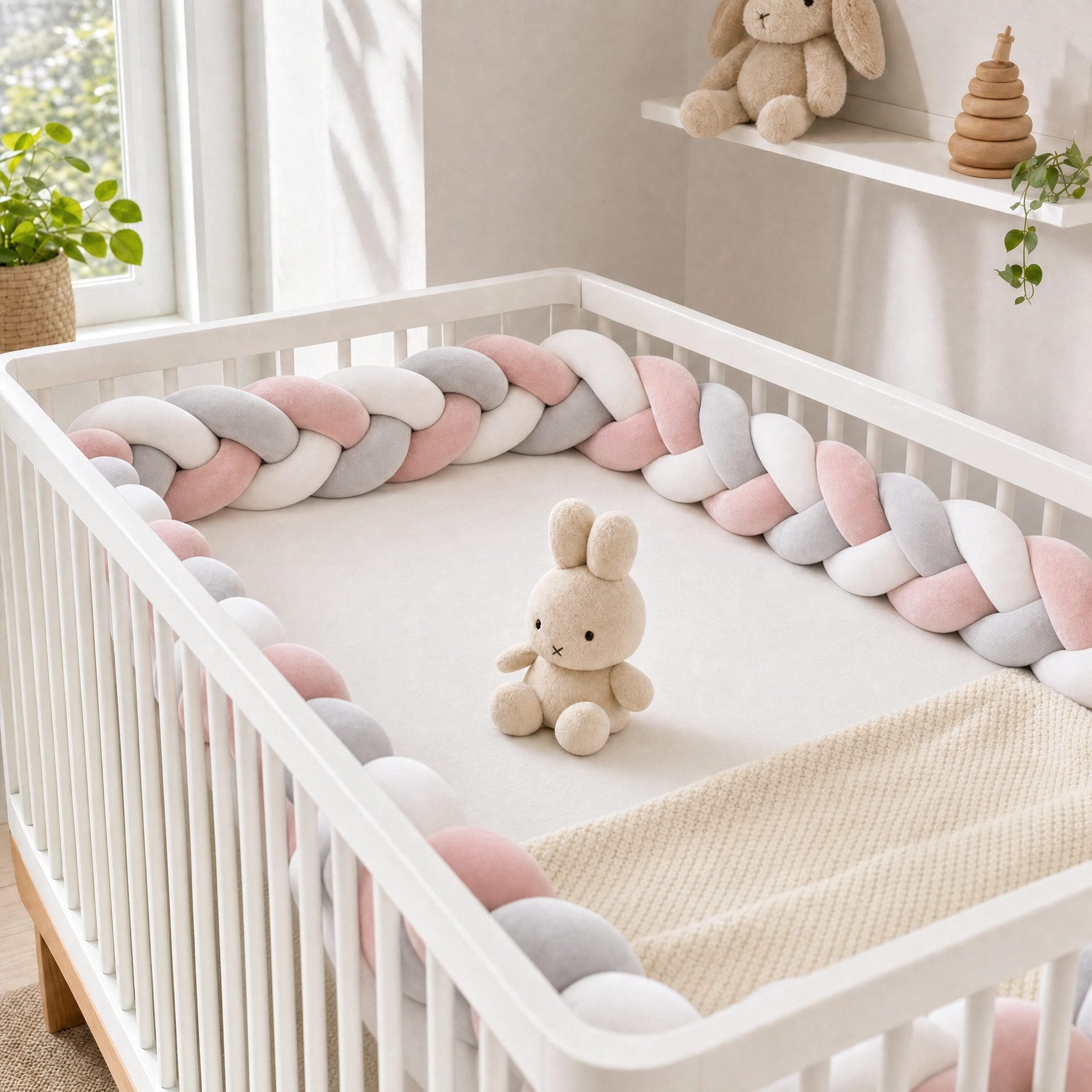 LuMali Nestchenschlange Bettschlange geflochten 210cm Nestchen Bettumrandung Babybett Zopf, Stillkissen Seitenschläfer Velour weich hypoallergen Pastellfarben