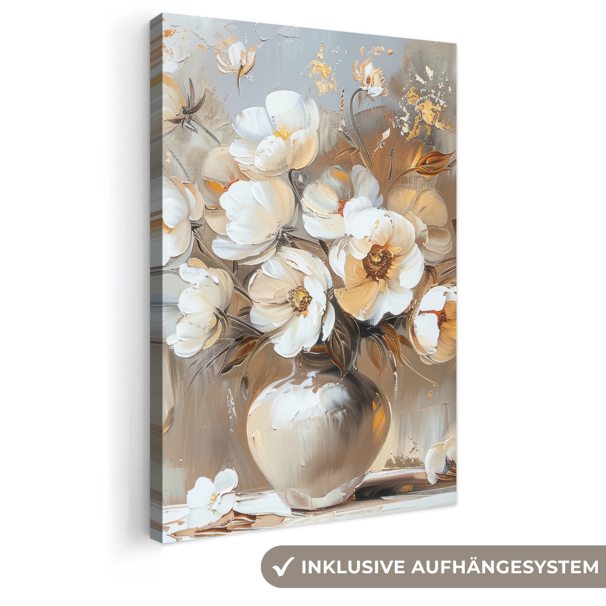 OneMillionCanvasses® Leinwandbild Vase - Blumen - Kunst - Gold, Fotodruck (1 St), Leinwand Canvas Wandbild, Wanddekoration 20x30 cm