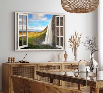 Sinus Art Leinwandbild Wandbild 120x80cm Fensterbild Wasserfall Island Natur Landschaft Grün, (1 St)