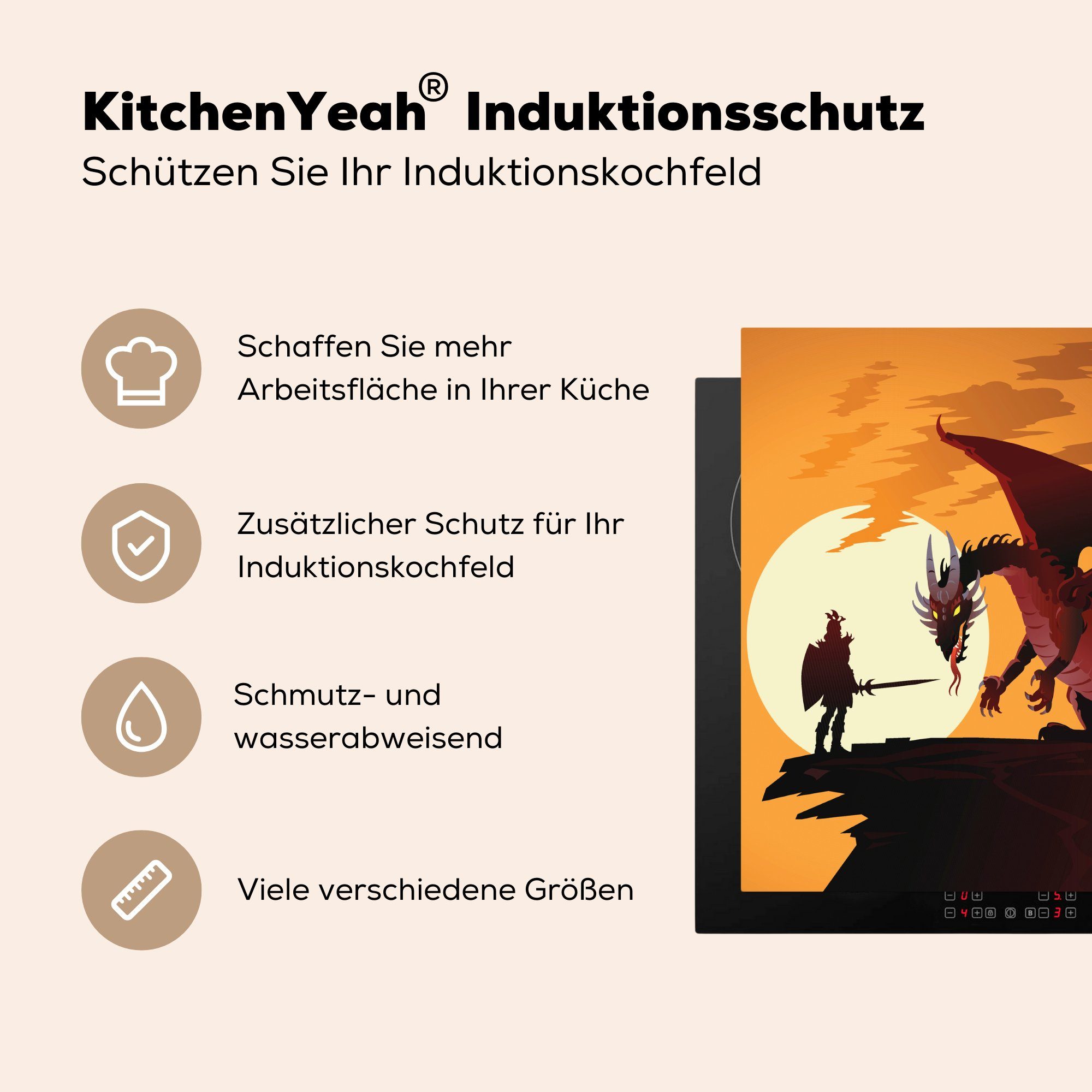 Arbeitsfläche 60x52 tlg), Illustration Ritters und eines Ceranfeldabdeckung (1 bei Sonnenuntergang, Drachens eines cm, nutzbar, Mobile Vinyl, MuchoWow Herdblende-/Abdeckplatte