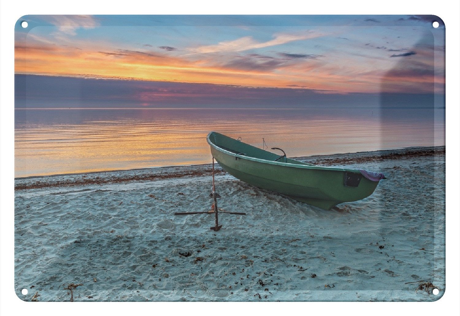 Wallario Metallbild, Einsames Fischerboot mit Anker am Strand, in verschiedenen Ausführungen