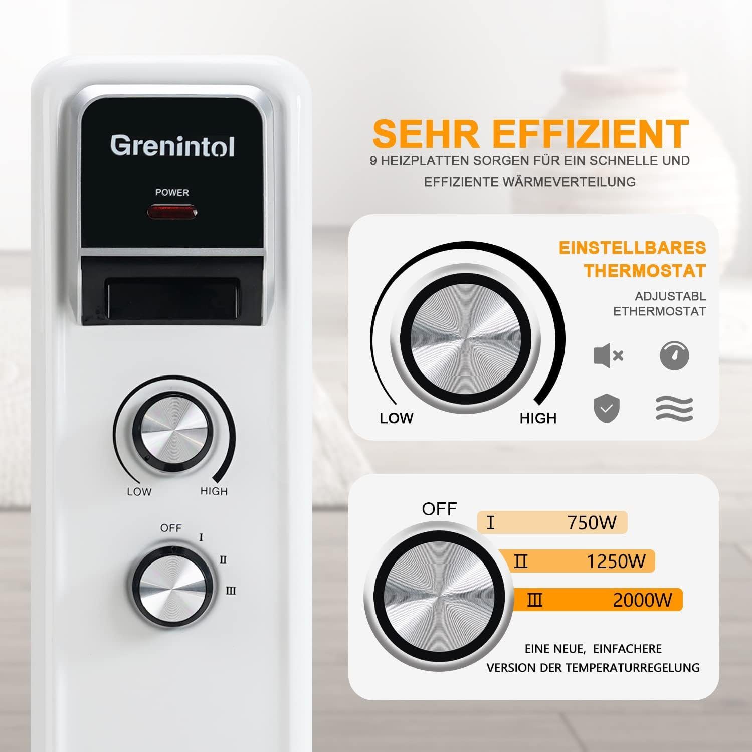 Thermostat Elektro-Heizkörper Geräuschlos Stromverbrauch 750/1250/2000W Grenintol, RCB Mit Niedriger