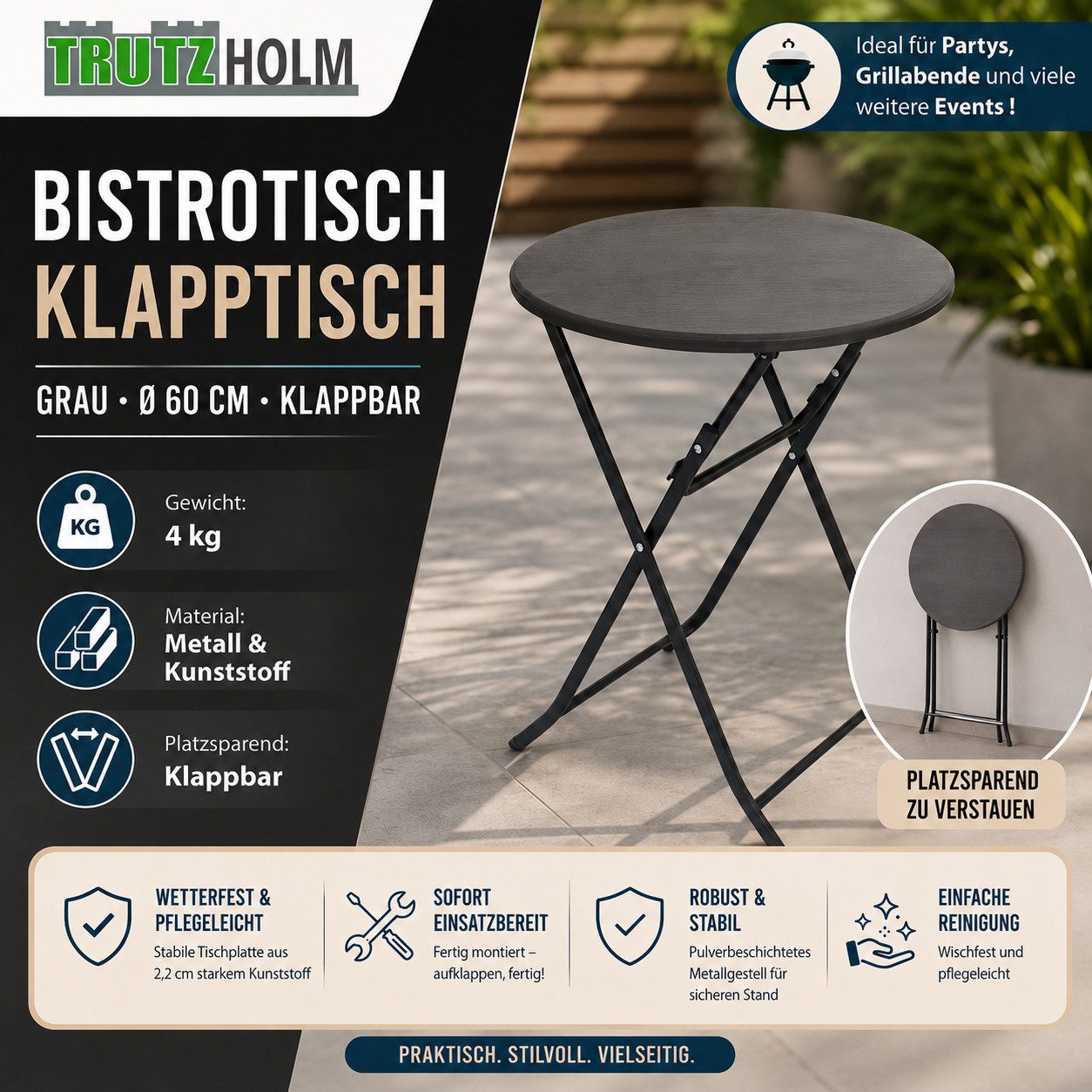 TRUTZHOLM Bistrotisch Bistrotisch Partytisch Klapptisch grau Holzoptik 60 cm Ø klappbar (pflegeleicht, 1-St), klappbar